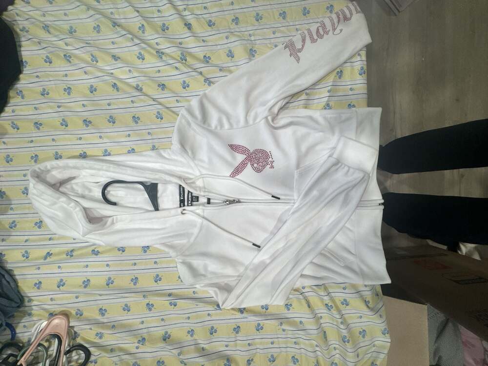 Playboy White Velour Rhinestone Zip-Up Hoodie Size M